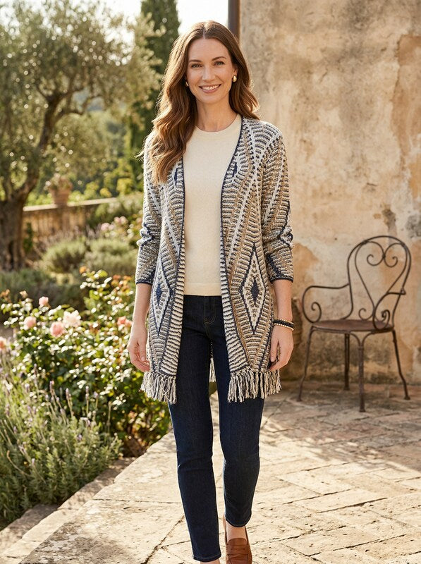Style and Co Jacquard Knit Fringed-Hem Long Cardigan, Size Small by Vanessa Jane