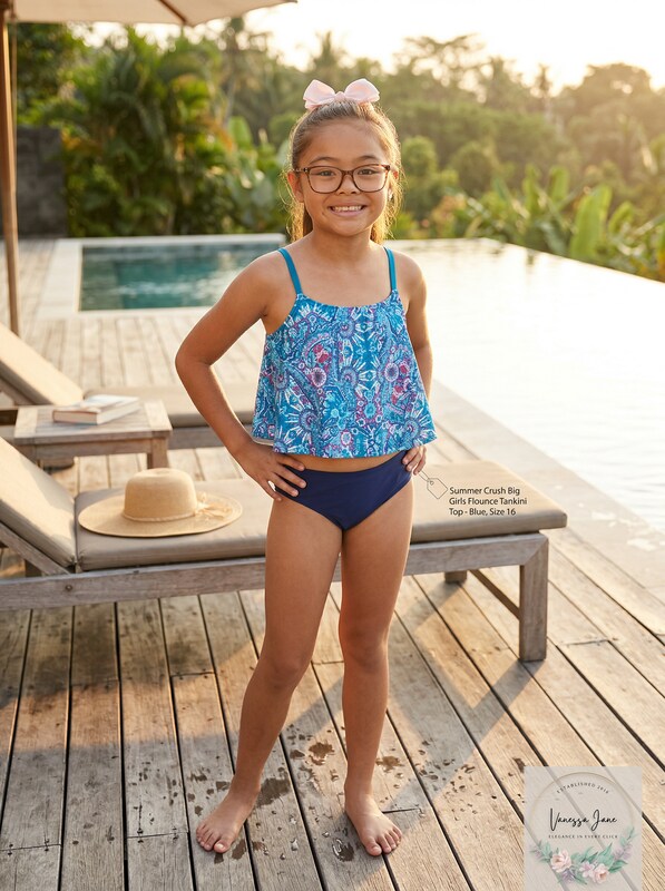Summer Crush Big Girls Printed Flounce Tankini TOP ONLY - Blue, Size 16 by Vanessa Jane