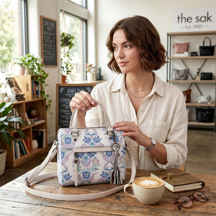 The Sak Alameda Satchel Crossbody Bag Stone Flowing Floral Leather Top Zip by Vanessa Jane
