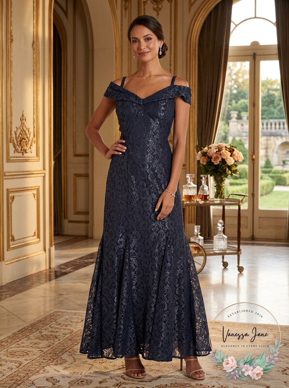 R & M Richards Off-the-Shoulder Lace Gown, 8 by Vanessa Jane