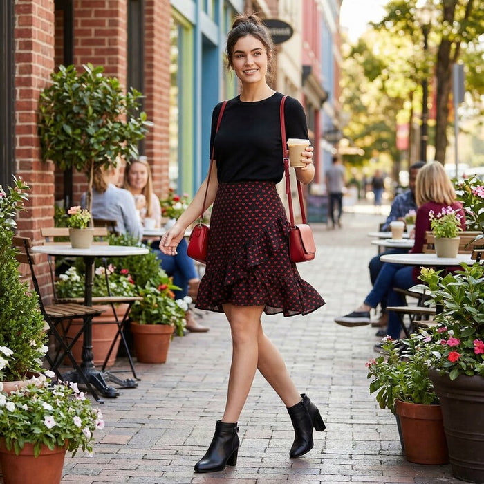 Maison Jules Women's Black Heart Print Knee Length Ruffled Skirt, Size Small by Vanessa Jane