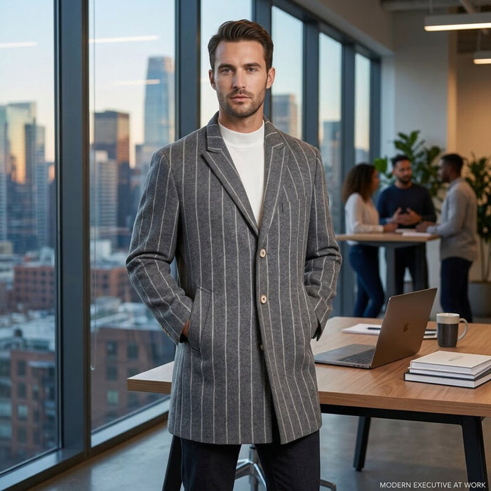 Tallia Orange Mens Slim-Fit Gray Chalk Stripe Overcoat, Medium by Vanessa Jane