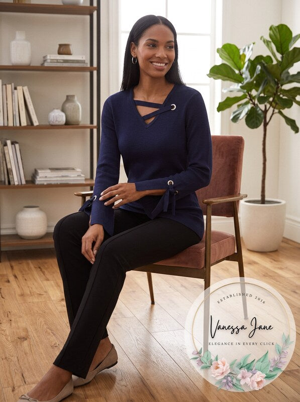 JM Collection Women's Grommet Trim V Neck Top Blue Size Small by Vanessa Jane