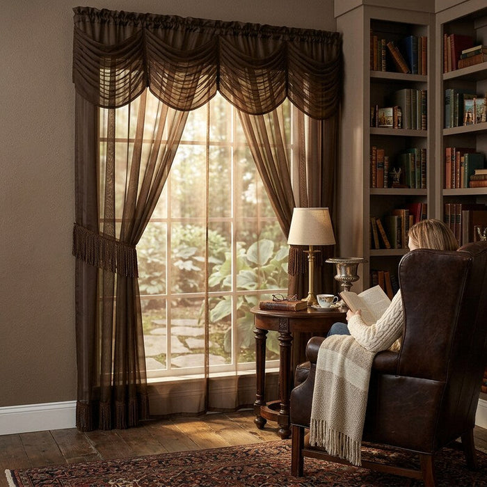 Achim Halley Satin 6-Piece Window Set With Austrian Valance, Chocolate, 56x84 by Vanessa Jane