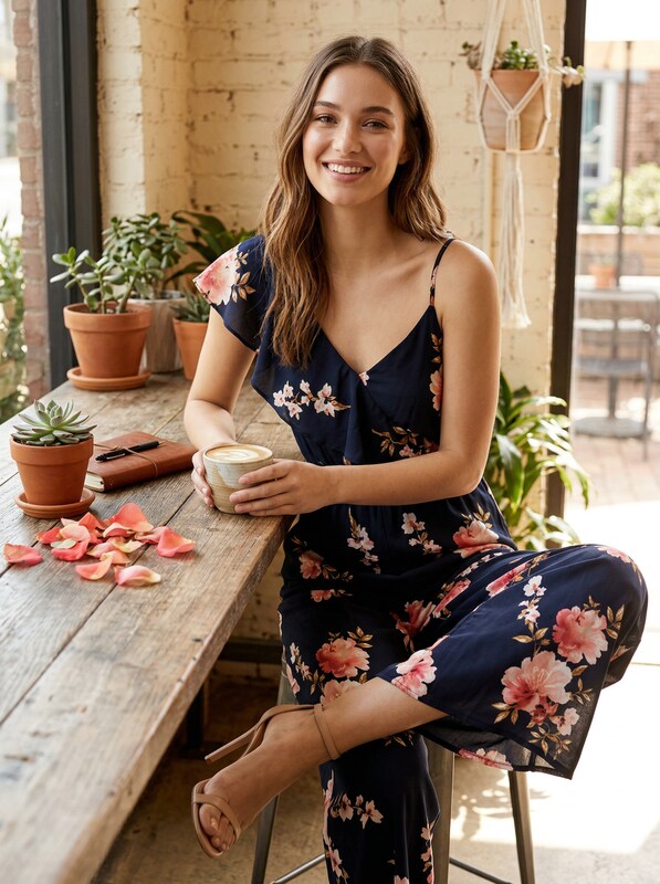 Aqua Asymmetric Floral Wide-Leg Jumpsuit, size Small by Vanessa Jane