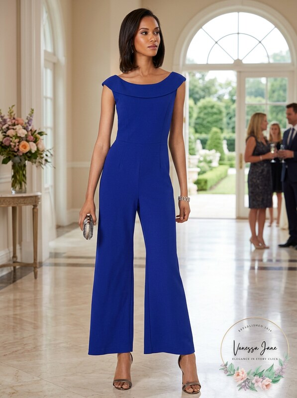 Connected Apparel Womens Blue Short Sleeve Off Shoulder Jumpsuit, Size 12 by Vanessa Jane