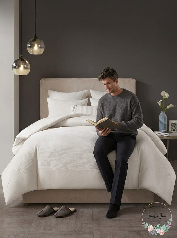N Natori Hanae Cotton Blend Yarn Dyed Duvet Cover Set king by Vanessa Jane