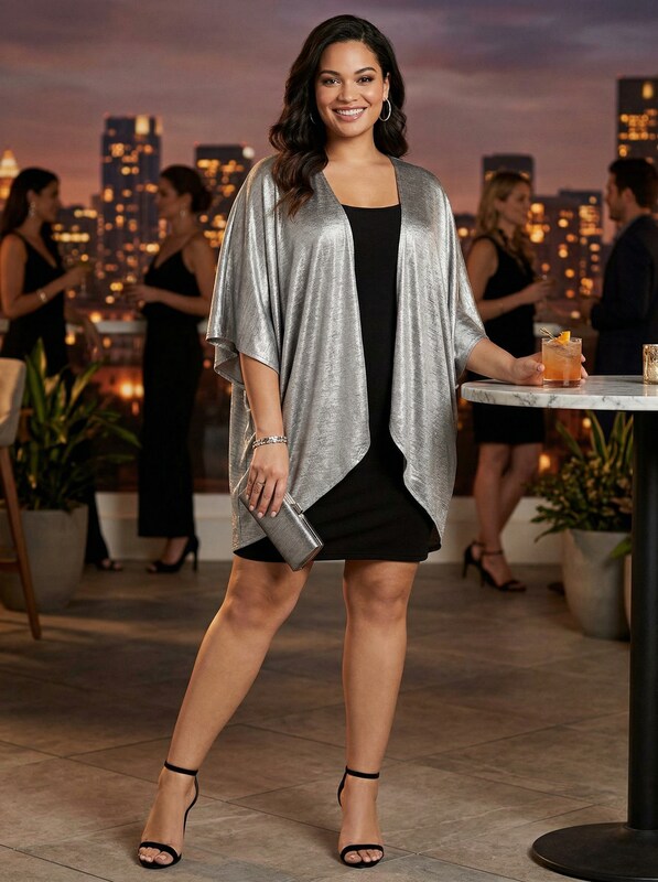 Love Squared Women's Plus 2Pc Metallic Dress With Cardigan Black Size 1X by Vanessa Jane