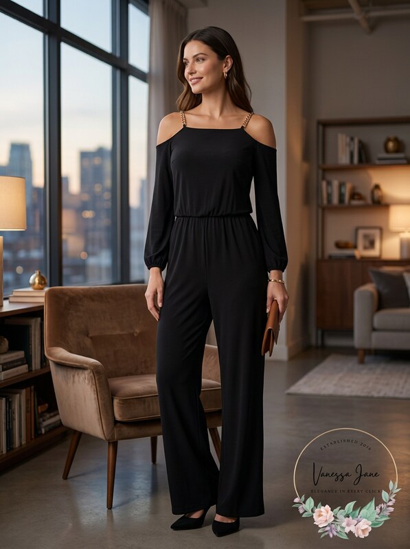 NY Collection Womens Plus Blouson Chain Jumpsuit, Size 1X by Vanessa Jane
