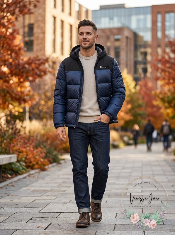 Champion Mens Contrast Lightweight Padded Hooded Jacket, Limited Edition Navy L by Vanessa Jane