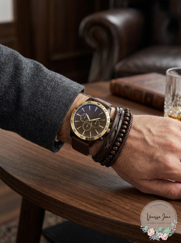 INC Brown Faux-Leather Strap Watch 48mm & 3-Pc. Bracelet Set by Vanessa Jane