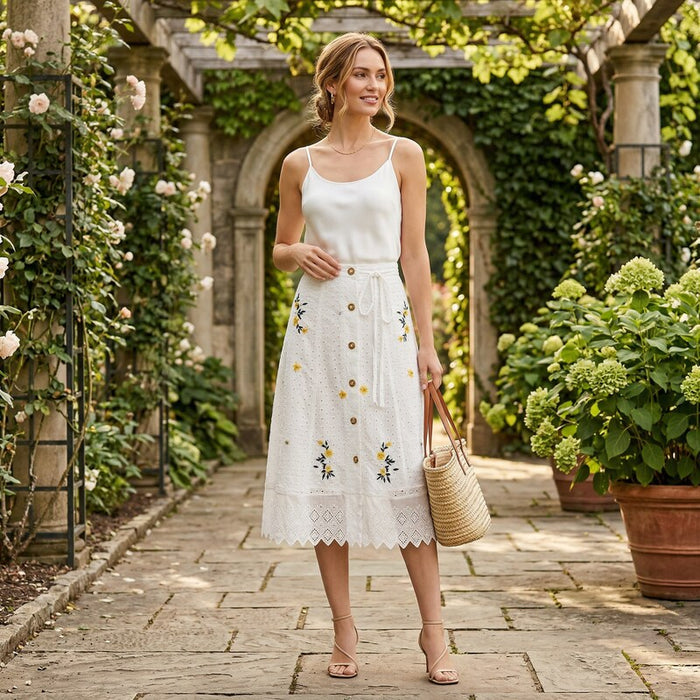 French Connection Embroidered Eyelet MIDI Skirt, Size 0 - White by Vanessa Jane
