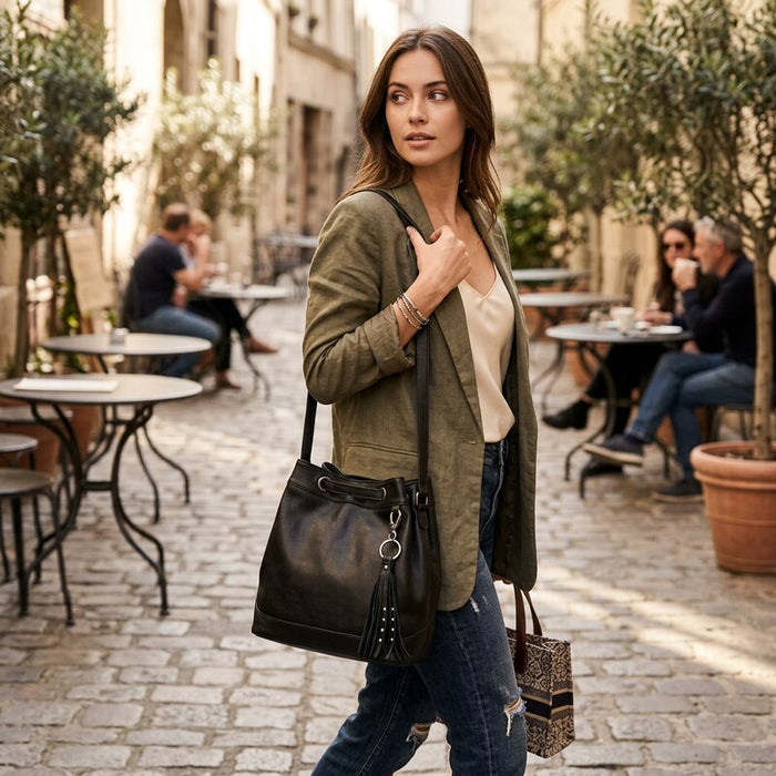 The Sak Castella Leather Boho Drawstring Bucket Bag by Vanessa Jane