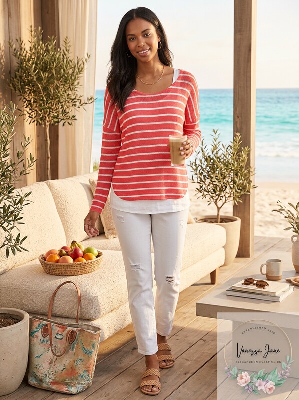 Maison Jules Womens Long-Sleeve Striped Lightweight Sweater Top Size XXL, Coral by Vanessa Jane