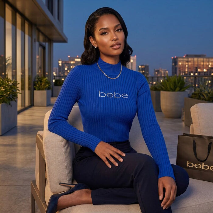Bebe Rhinestone Mock Neck Ribbed Knit Sweater, Blue Size Large by Vanessa Jane