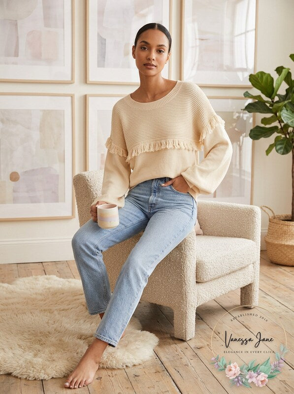 Joie Womens Beige Fringed Ribbed Pullover Sweater, Size XS by Vanessa Jane
