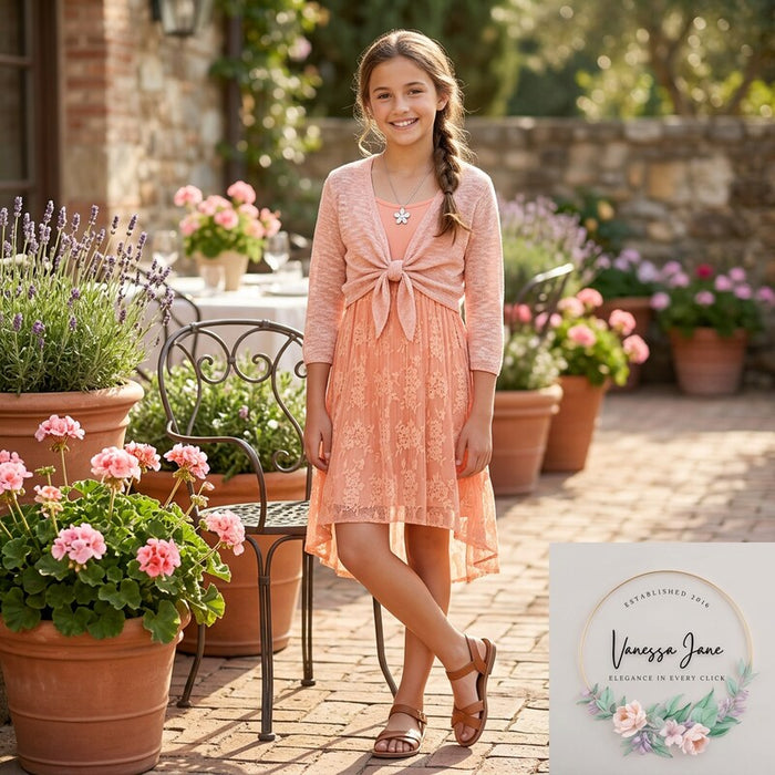 Beautees Girls' Big 2 Pc. Tie Front Shrug Over Pleated Tunic, Coral, Size Large by Vanessa Jane