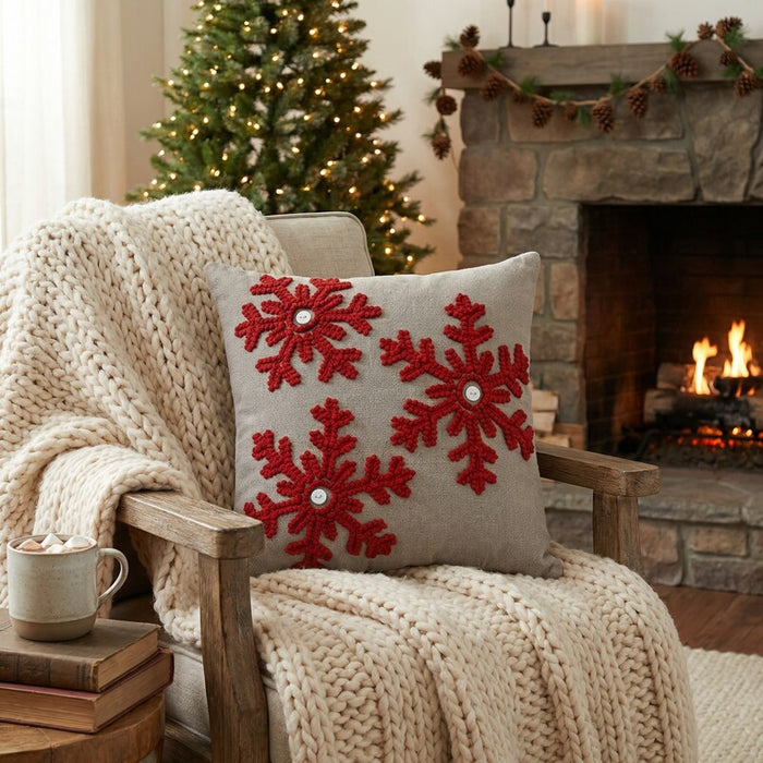 Pillow Perfect Country Home Snowflakes Grey/Red 15.5-inch Throw Pillow by Vanessa Jane