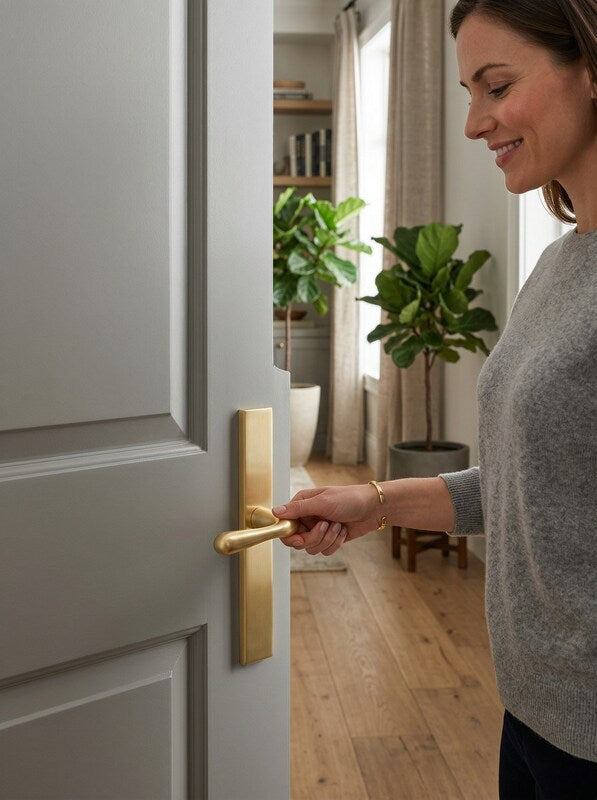 Emtek Assa Abloy Unkeyed, Fixed Passage Handle in Satin Brass by Vanessa Jane