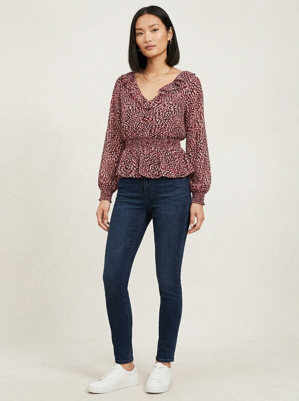 Bar III Womens Printed Double V Neck Peplum Top, Size XS by Vanessa Jane