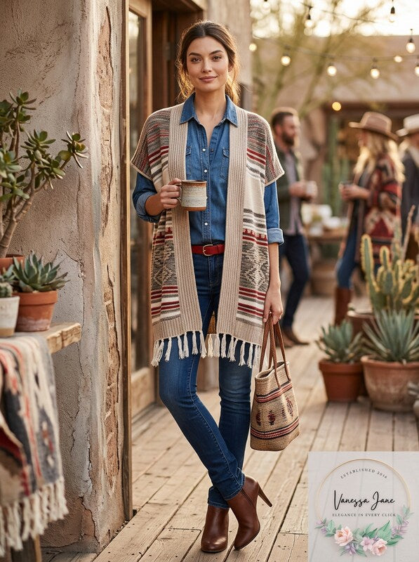 Fresh Womens Jacquard Aztec Print Cardigan Sweater With Fringe, Size Large by Vanessa Jane