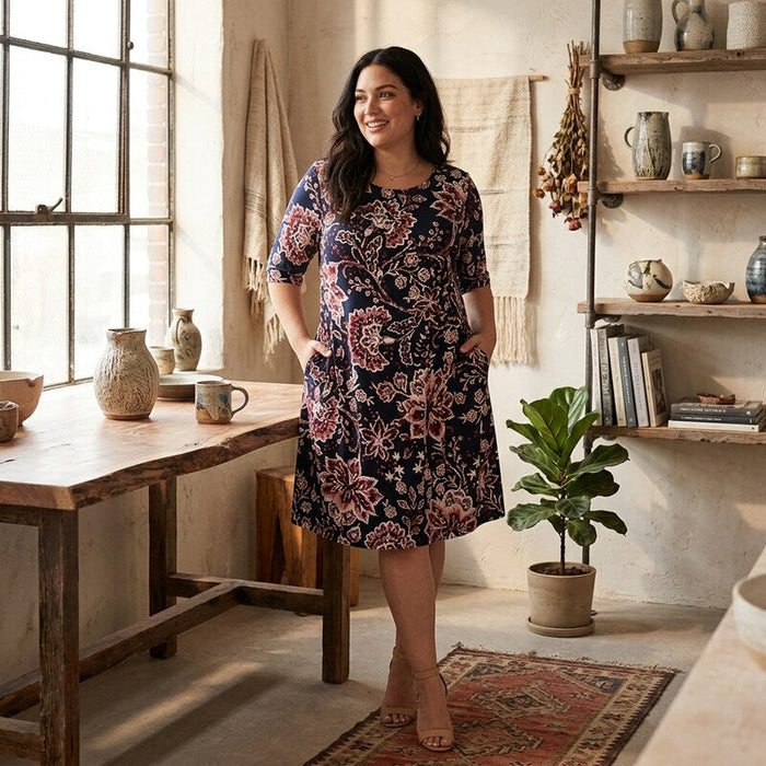 Connected Apparel 3/4 Sleeve Jewel Neck Knee Length Sheath Dress, Size 24W by Vanessa Jane
