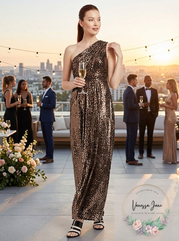 Calvin Klein Womens Metallic One Shoulder Evening Dress, Size 4 by Vanessa Jane