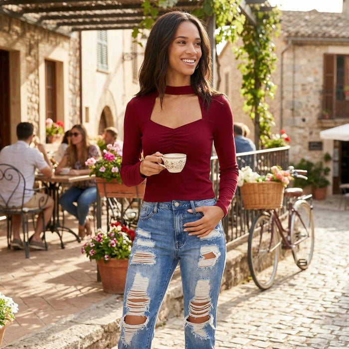 Juniors Almost Famous Mock Neck Cut Out Front Bust Ruched Blouse, Size Large by Vanessa Jane