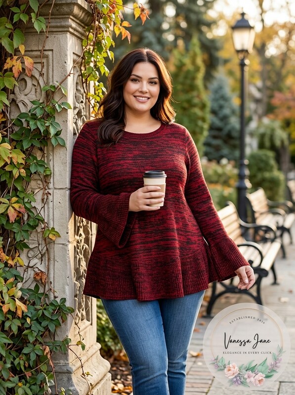 Style & Co Womens Plus Ribbed Trim Ruffled Pullover Sweater by Vanessa Jane