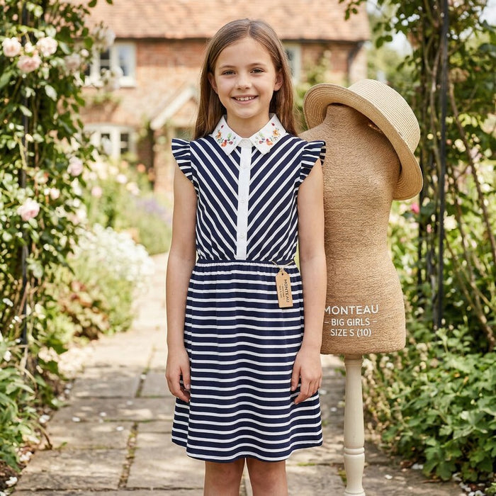 Monteau Big Girls Embroidered Collar Striped Dress, Size Small by Vanessa Jane