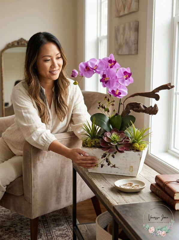 Nearly Natural 1458-Or Orchid & Succulent Garden With White Wash Planter by Vanessa Jane