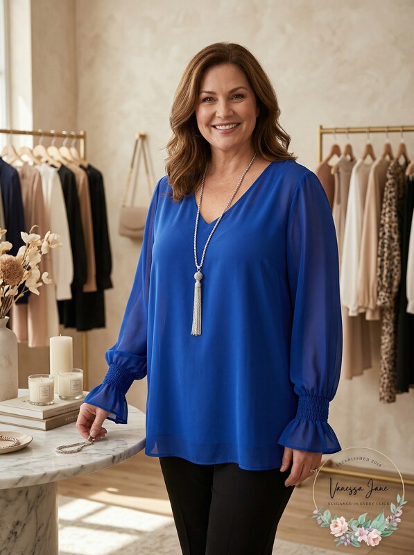 Jm Collection Smocked-Sleeve Necklace Top-Blue Steel XXL by Vanessa Jane