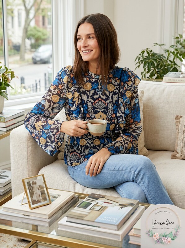 INC Womens Floral Print Ruffled Blouse, Size Large by Vanessa Jane