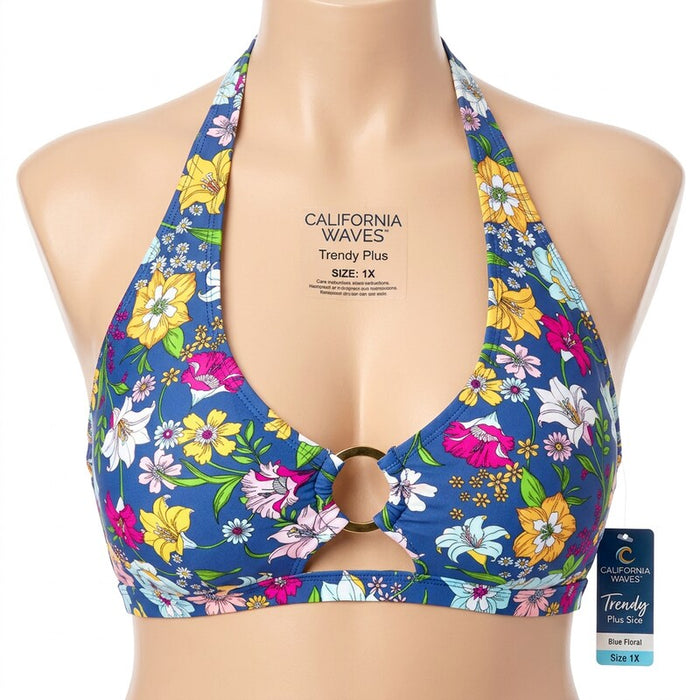 California Waves Trendy Plus Size Ring Front Bikini Top – Blue Floral, Size 1X by Vanessa Jane