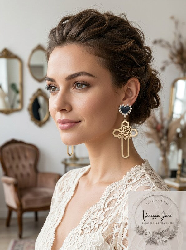 Thalia Sodi Gold-Tone Rose-Cross and Heart Stud Drop Earrings by Vanessa Jane