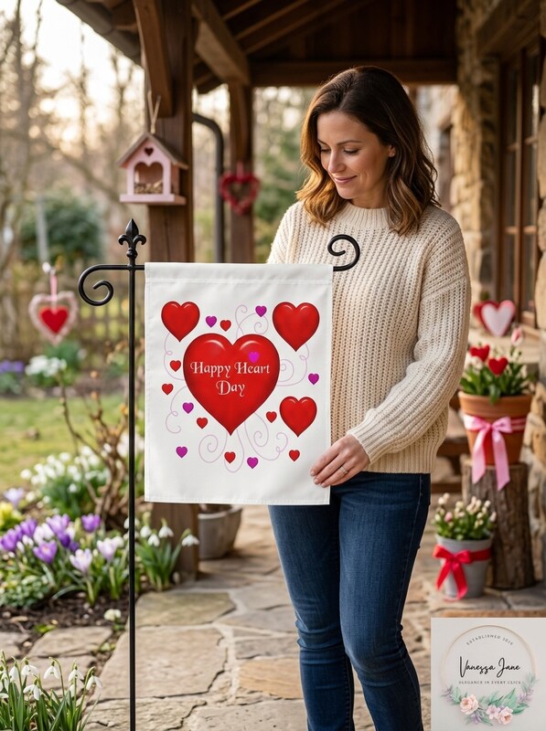 Garden Flag, 12 by 18-Inch, HEARTS HAPPY HEART by Vanessa Jane