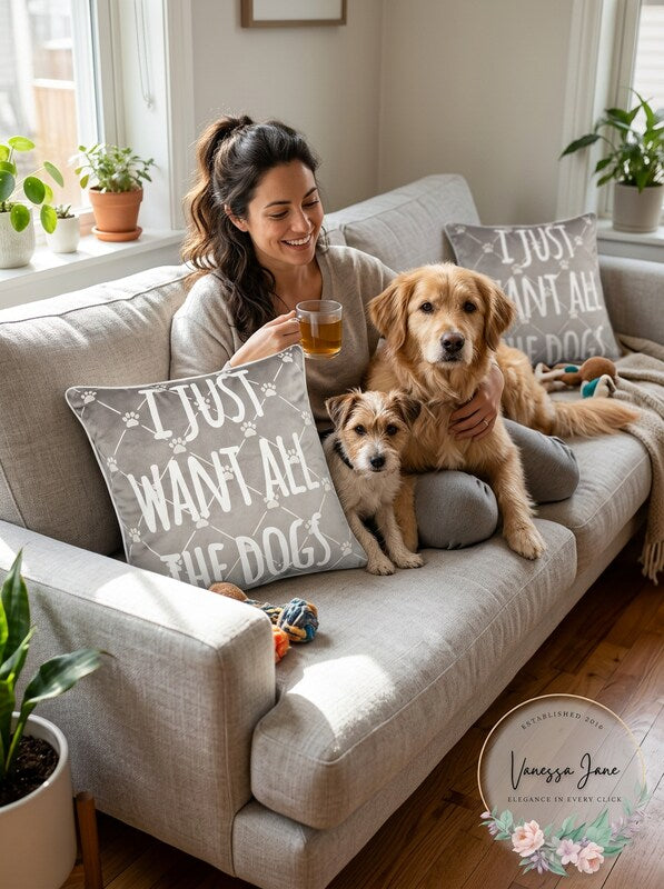 Lacourte I Just Want All the Dogs 18 x 18 Toss Decorative Pillow – Grey by Vanessa Jane