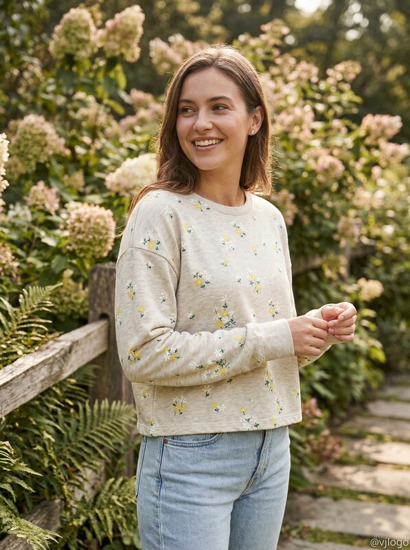 Circle X All Over Floral Sweatshirt Oatmeal, Size Large by Vanessa Jane