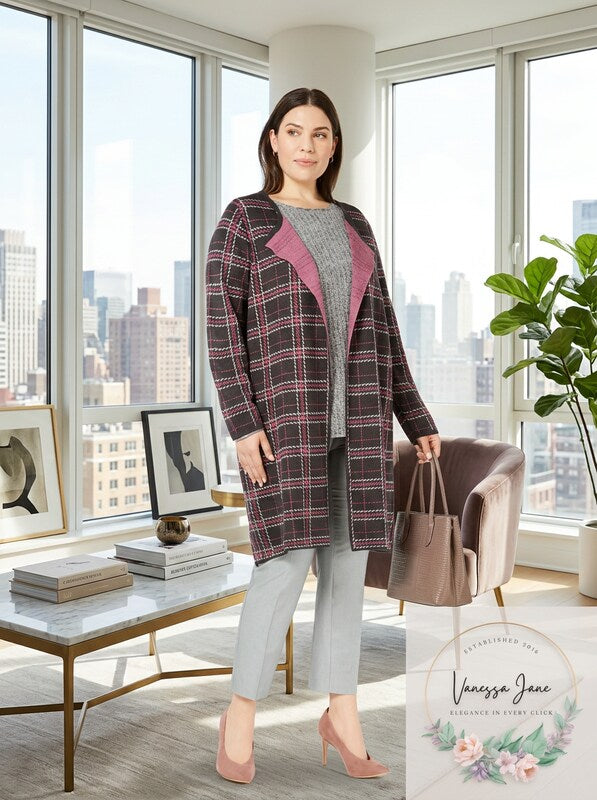 NY Collection Plus Size Jacquard Plaid Cardigan, Size 1X by Vanessa Jane