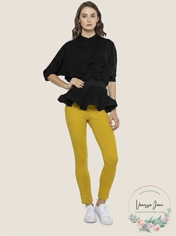 Gracia Stretch Ruffled Sheer Elbow Sleeve Crew Neck Peplum Top, Size Medium by Vanessa Jane
