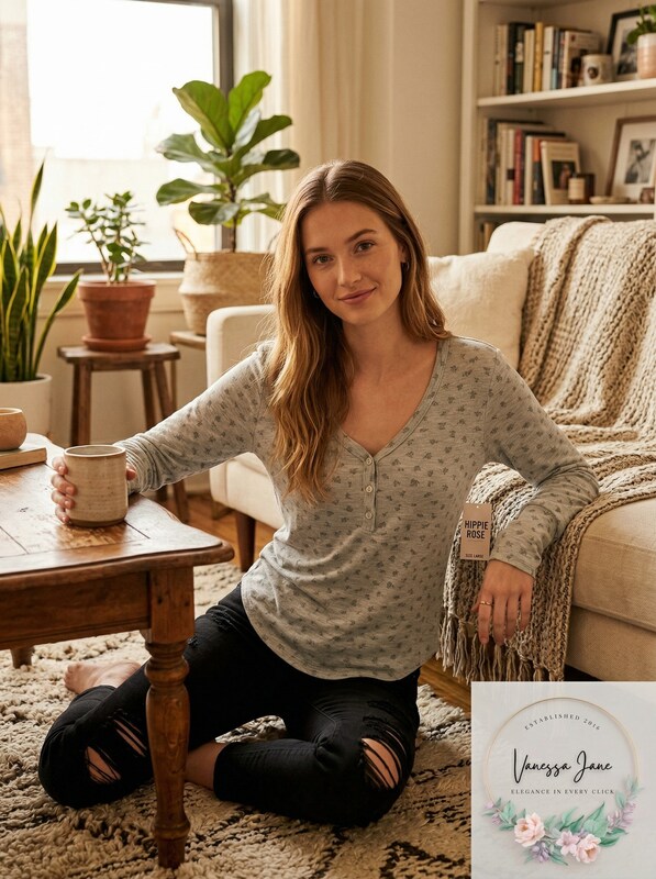 Hippie Rose Juniors Long-Sleeve Henley T-Shirt, Size Large by Vanessa Jane