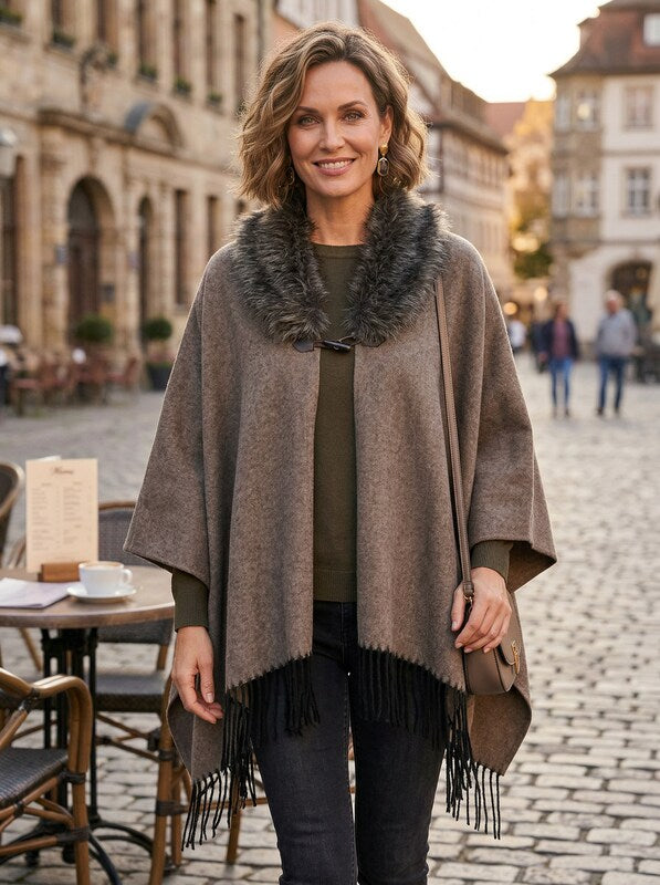 Charlie Paige Faux Fur Brown Cape with Fringe One Size by Vanessa Jane