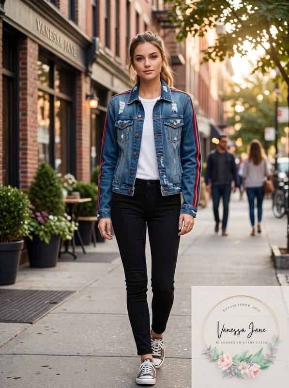 Almost Famous Juniors Varsity-Stripe Ripped Denim Jacket,XL by Vanessa Jane