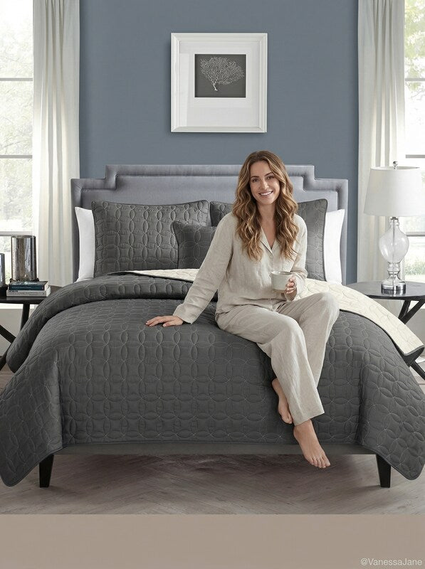 VCNY Home Hayden Solid Reversible Geometric Quilt Set, Queen, Charcoal/Vanilla by Vanessa Jane