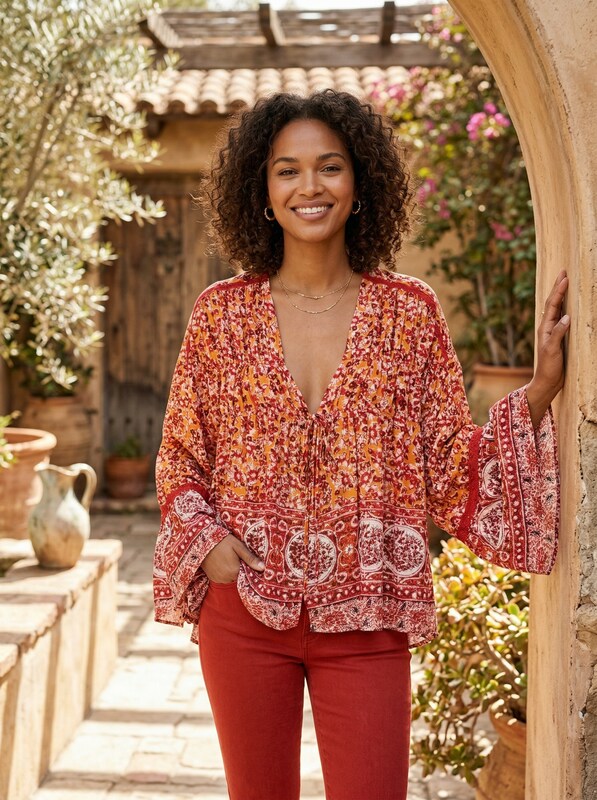 Free People Womens Lorraine Boho-Print Tie-Front Top, Orange Multi, Size Small by Vanessa Jane