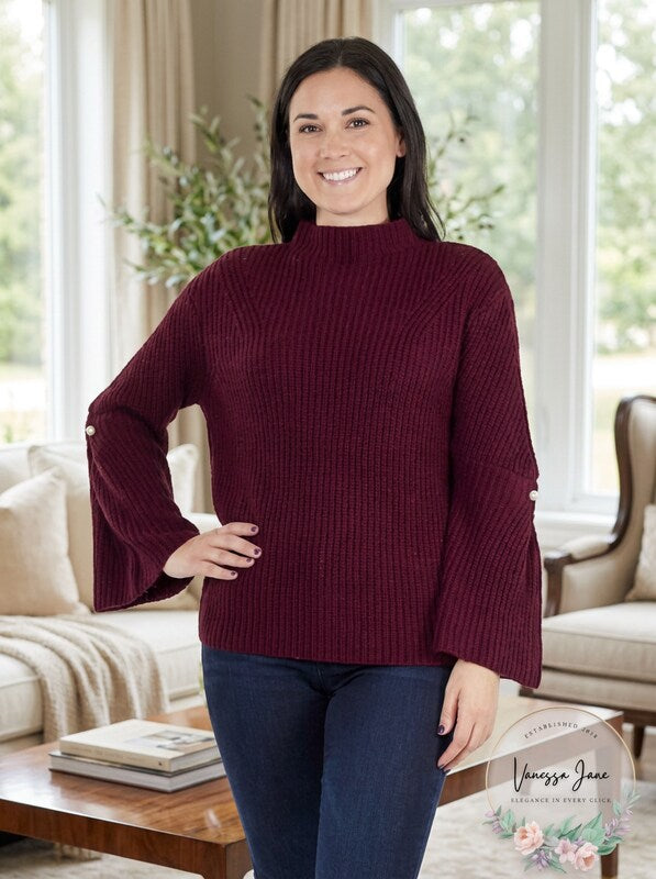 Ny Collection Womens Bell Sleeve Mock Neck Sweater, Size Small by Vanessa Jane