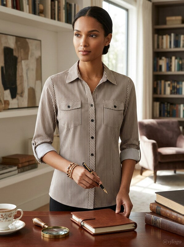 NY Collection Womens Petites Striped Utility Button-Down Top, Size PL by Vanessa Jane