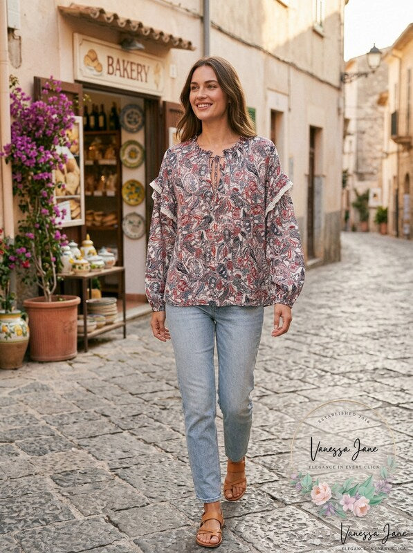 Aqua Printed Lace Trim Top by Vanessa Jane