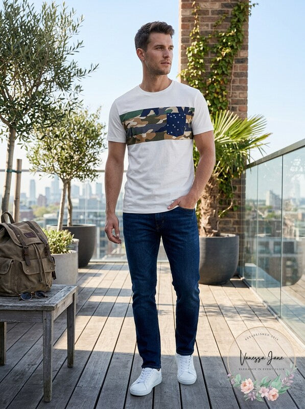 Sun + Stone Mens Chect Pocket Multi-Camo T-Shirt, Size Medium by Vanessa Jane
