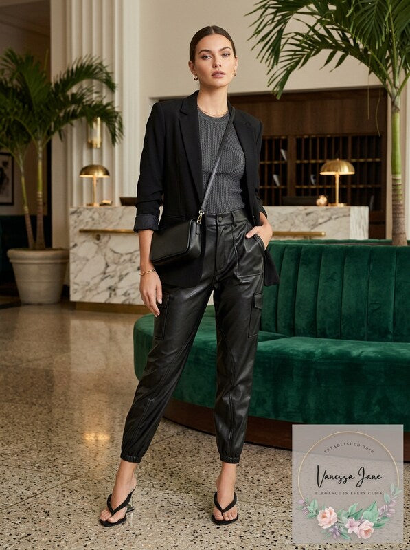Good American Faux Leather Cargo Jogger Pants, Size 15 by Vanessa Jane